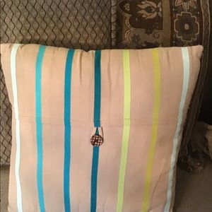 New bed couch throw pillow tan blue greens striped 17” x17” Cushion Button